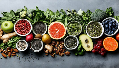 Fresh fruits vegetables healthy eating nutrition flatlay