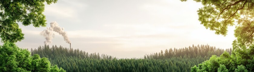 Addressing Climate Change and the Impact of Global Warming, A serene landscape with trees and a distant smokestack under a pale sky.