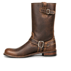 Brown waxed leather engineer boots with straps clothing display transparent background isolated png stock