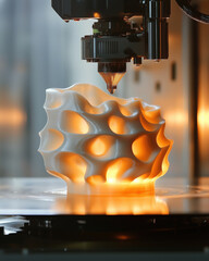 3D printer head precisely forms complex, abstract plastic structure with intricate patterns, illuminated warmly. scene captures advanced technology and creativity in modern manufacturing