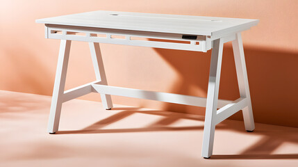 A white desk with a black keyboard and a black mouse. Generated using AI.