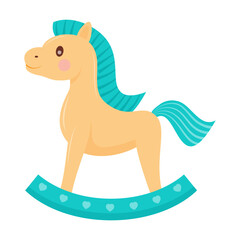 Cute cartoon toy, rocking horse with a turquoise mane and tail. Ideal for childrens designs, toys, or playful projects