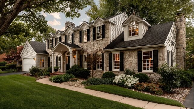 Elegant house facade with refined architectural details, embodying timeless sophistication and welcoming charm