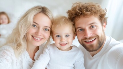 Family Portrait with Child Soft Natural Lighting Close-up, Smiling Joyful Expressions, Bright White Background, Warm Gentle Mood, Ideal for Family Websites