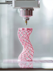 3D printer creates pink lattice shaped polymer model with intricate details, showcasing advanced technology and precision. model twisting design highlights capabilities of modern 3D printing