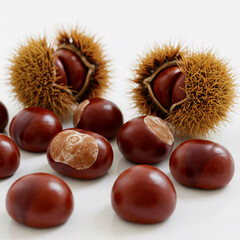 Chestnuts on a white background. Shallow depth of field.