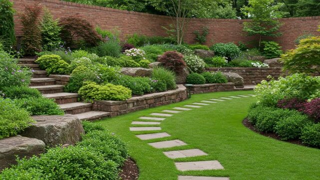 Landscaped garden with stone steps and path leading up a terraced hill