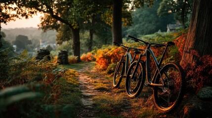 Obraz premium Two mountain bikes resting by a tree, bathed in golden light. Adventure and serenity in nature's embrace.