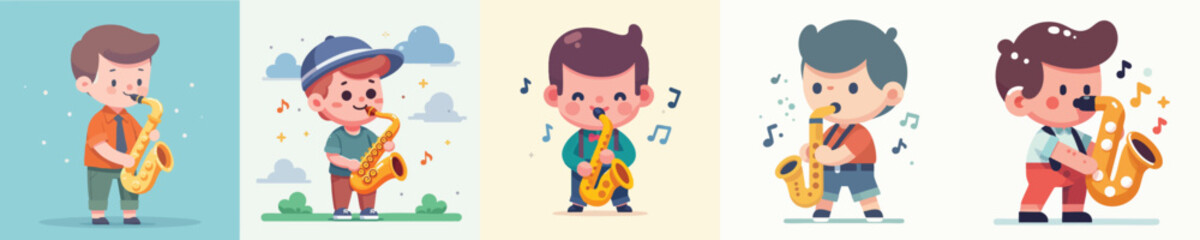 vector character of a little boy playing the saxophone