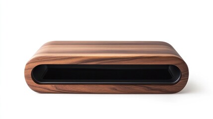 Modern wooden media console with sleek black interior.