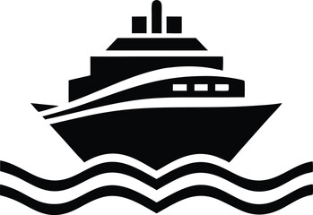 Obraz premium Minimalist Black Ship Icon – Front View Vector with Stylized Waves