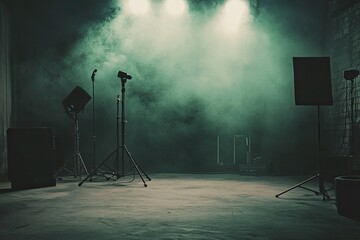 A soft-focus dark studio with greenish-gray accents and gentle lighting.