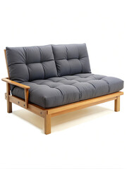 Fototapeta premium Comfortable gray futon sofa bed with wooden frame on white background