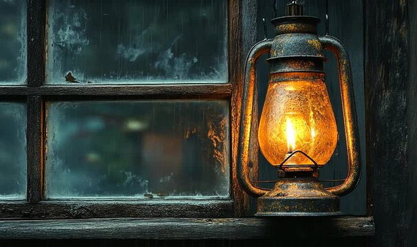 Rustic lantern glowing warmly by a rain-soaked window in an old cabin, creating a cozy atmosphere