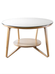Modern round coffee table with white top and light wood frame and shelf