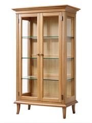 Elegant wooden display cabinet with glass doors and shelves on a white background