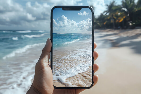 A hand holding a smartphone displaying a beach view with waves, blending technology and nature seamlessly.