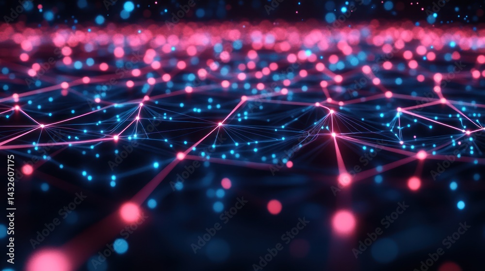 Poster interconnected network of glowing nodes and lines in abstract cyberspace