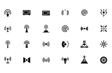 A 4x4 grid of black and white icons, each representing a different type of radiation or electromagnetic field. The icons are simple and minimalistic, with clean lines and no shading or color variation