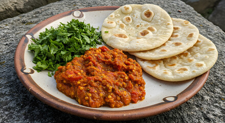 A round plate loaded with vibrant, delicious Indian grub. On the left, there's a pile of green cilantro, the middle is packed with spicy red tomato curry