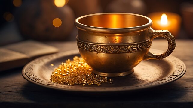 A glowing elixir with floating gold flakes in a medieval-style cup