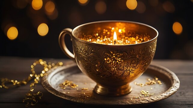 A glowing elixir with floating gold flakes in a medieval-style cup