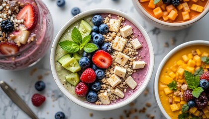 colorful fruit smoothie bowls with toppings on white background