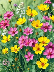 Obraz premium Colorful Garden Scene with Bright Yellow and Pink Blossoms