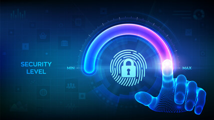 Increasing Privacy Security level. Enhance personal data protection level. Hand is pulling up to the maximum position circle progress bar with the fingerpring and lock icon. Vector illustration.