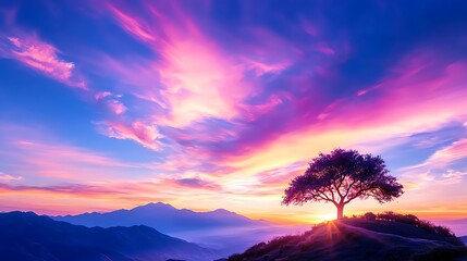 Obraz premium Silhouette of a Tree on a Hilltop at Sunset