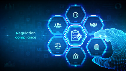 Regulation Compliance financial control internet technology concept. Compliance rules. Law regulation policy. Hand places an element into a composition visualizing Reg Tech. Vector illustration.
