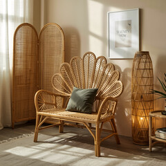 A modern bohemian living room interior with a natural rattan peacock-style bench as the centerpiece