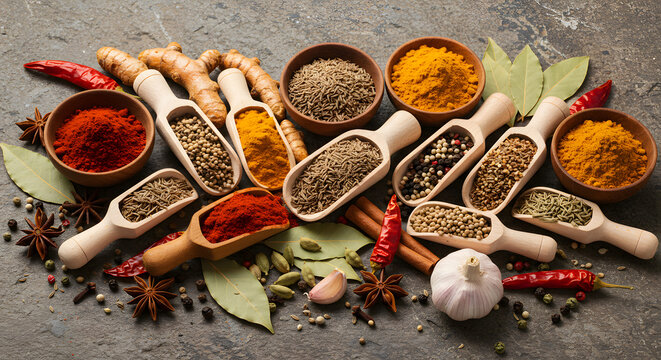 A bright, colorful shot of various whole spices and herbs sprawled out