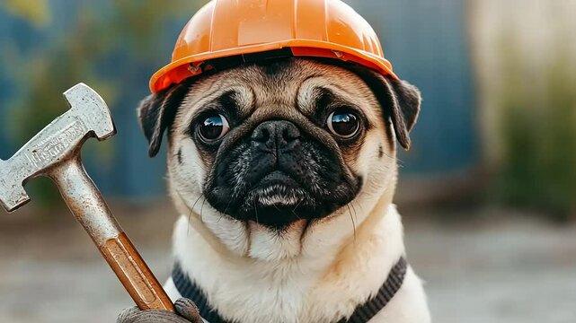 Pug Dog Wearing Construction Helmet with Tool