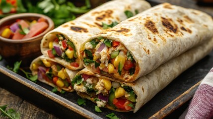 Scrumptious stacked burritos overflowing with fresh garden vegetables and fillings