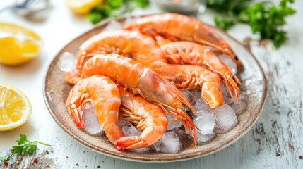 Freshly prepared king prawns served on ice with lemon and herbs on rustic table