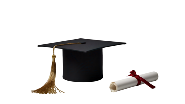 black graduation cap with a golden tassel next to a rolled diploma tied with a red ribbon, isolated on a white