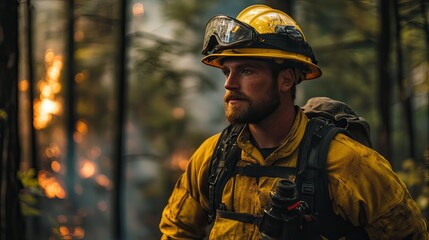 Obraz premium Wildfire response firefighter in action forest portrait natural environment close-up bravery and commitment