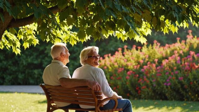 Couple's Serene Moment: A sun-dappled scene of a senior couple sharing a peaceful moment on a park bench, under the gentle shade of a tree.