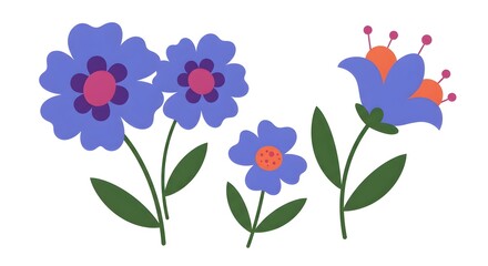 Vibrant stylized floral illustration featuring blue, purple, and orange hues. Perfect for spring or summer designs.