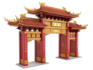 3d red gold asian gate oriental architecture isolated on white background png
