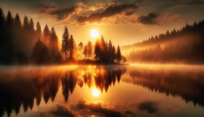 Fototapeta premium A golden sun rising behind misty trees reflected in crystalline