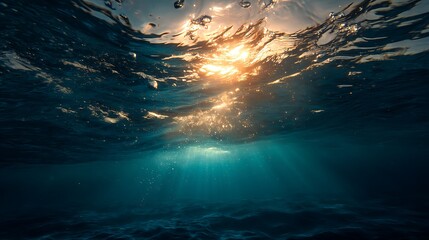 Obraz premium Golden sunlight piercing through ocean waves from below the surface
