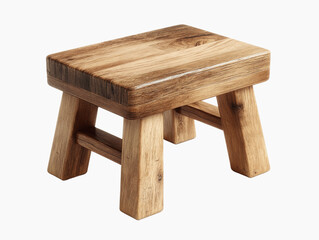A small square wooden stool with four legs and a connecting support on a white background. wooden table isolated on white
