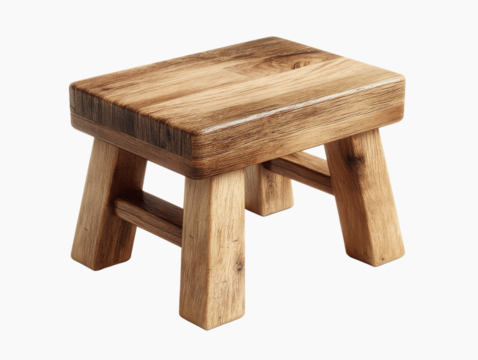 A small square wooden stool with four legs and a connecting support on a white background. wooden table isolated on white