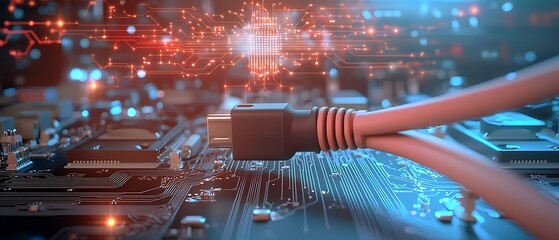 Computer circuit board with a cable plugged in. Blue & red lighting with a network-like overlay