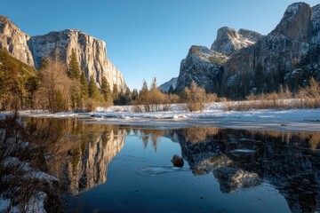 Yosemite Valley in Winter, Reflection in Frozen River
