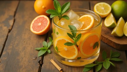 Refreshing citrus beverage with ice and mint.  A perfect summer drink!