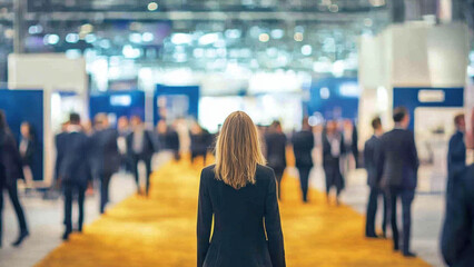 Obraz premium A confident businesswoman in a suit walks through a bustling business exhibition with blurred background of people and vibrant displays reflects her role in the dynamic.