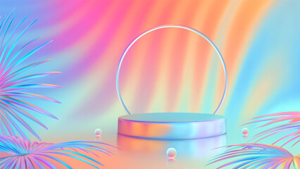 Summer product podium. Summer sale podium. Pedestal, platform for product presentation. Bright sunset and sunrise sky colors background with tropical leaves. Blue, purple, orange, pink, yellow. Vector